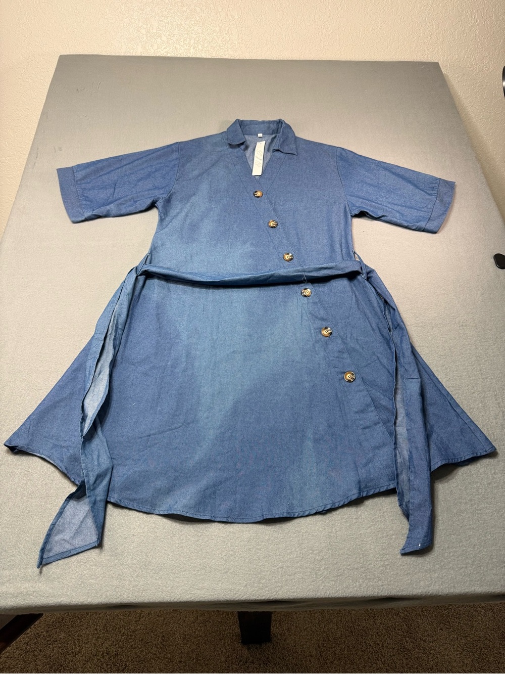 Gaovot Blue Denim Shirt Dress Short Sleeve Button Front Belted Collared Size L